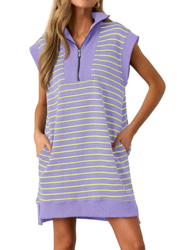 Image of Wenrine Womens Striped Mini Dress Casual Zipper Cap Sleeve Collared V Neck Loose Knit Summer Dresses