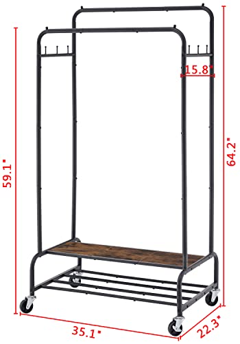 Tajsoon Clothes Rack With Shelves,Industrial Pipe Garment Rack,Rolling Heavy Duty Double Rods Clothes Hanging Rack,Standard Rod Organizing Shoes,Coat Rack,Storage Display,Metal,Rustic Brown And Black #TOP6