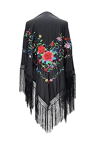 AMINA Black Flamingo Peak Shawl with Fringes - Embroidered to One Side - Large 190 x 90 cm