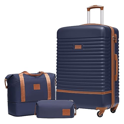 COOLIFE Suitcase Set 3PC - 28" Lightweight ABS Hard Shell Luggage + Travel Bag， Large Suitcase with 360° Wheels, TSA Locks for Family Travel, Cruise & Long Trips Blue/Brown 28" Suitcase (3 P