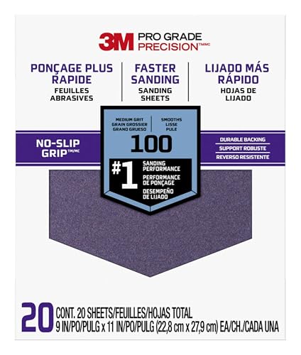 Advanced Sandpaper, 20 Sheets, 100 Grit, 3M Pro Grade Precision, Features No-Slip Grip Backing, 9-in x 11-in, For Sanding Wood, Drywall, or Metal, Can be Used on Wet or Dry Surfaces (26100CP-P-G)