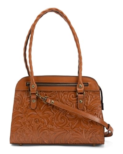 Image of Patricia Nash Calvi Leather Satchel with Crossbody Strap, Cognac Tooled, 12.5 x 9.5 Inches, Twisted Rope Handles