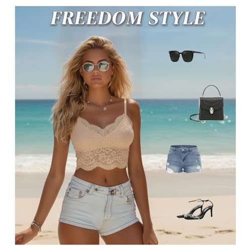 Image of Geyoga 4 Pcs Lace Bralette for Women V Neck Lace Camisole Adjustable Spaghetti Strap Crop Top Half Top