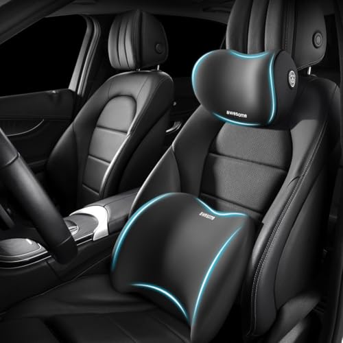 GDCARSL Car Headrest & Lumbar Support Cushion Kit, Ergonomic Car Seat Neck Pillow and Backseat Cushion for Driving Fatigue Relief, Driving Seat Memory Foam Neck Back Rest Pillows (Black)