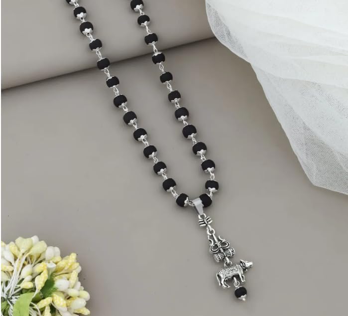 Image of Original Karungali Mala with Shiv Shakti Trishul Damru Nandi Pendant | Natural Black Ebony Wood Karungali Mala with traditional spiritual pendants for meditation prayer yoga and Pooja