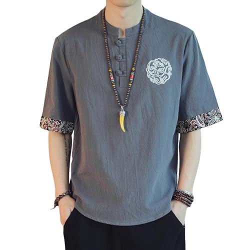 Chemise d'été homme style chinois rétro ample manches courtes coton lin