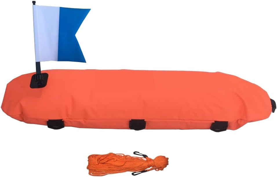 Spearfishing Float, Inflatable Dive Buoy, Orange, 80cm x 25cm, 600D Nylon with PU Coating, Torpedo-Shaped, Includes 20m Rope and Dive Flag