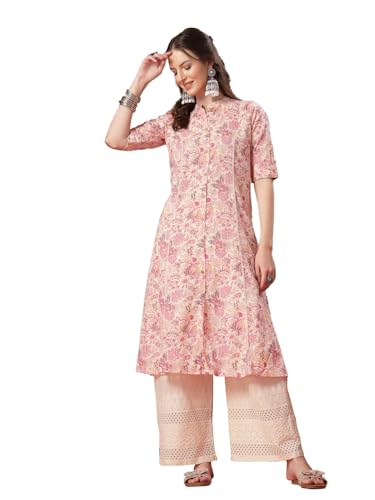 Image of Stylum Women's Pink Floral Printed Rayon A-Line Kurta