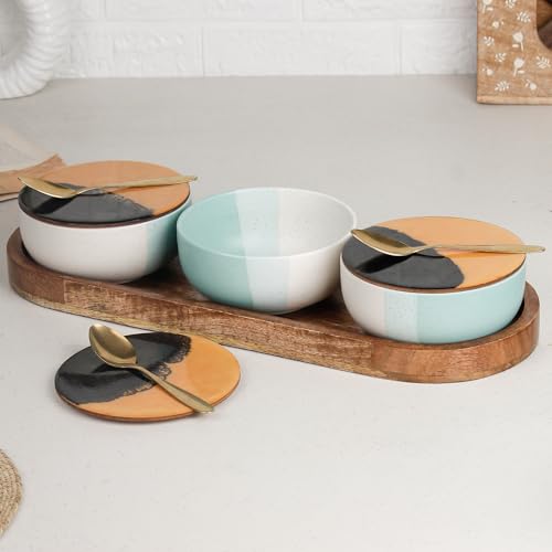 Image of The Earth Store TT Green Matte Ceramic Bowl Serving Set - 3 Bowls (500ml Each) with Wooden Tray, 3 Spoons & 3 Multipurpose Lids /Coaster - for Snacks, Curries, Desserts & Fruits | Diwali Gift