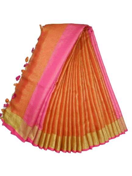 INDIA SILK PWCS LTDINDIA SILK P.W.C.S LTD Handloom Bhagalpuri Women's Tissue Linen Saree Contrast Paipin And Blouse Color Same As Paipin Free Size 6.5 Meter Including Running Blouse (Parrot)