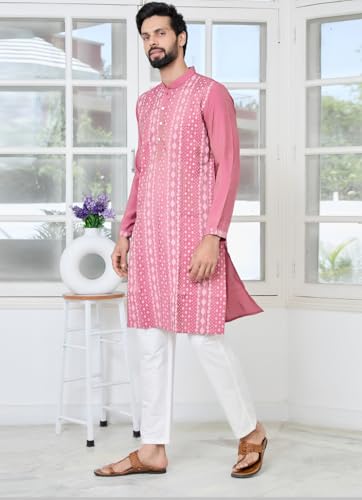 Image of See Designs Men's Full Sleeve Mandarin Collar Floral Embroidered Mandarin Collar Thread Work Straight Long Kurta - Festive Collection