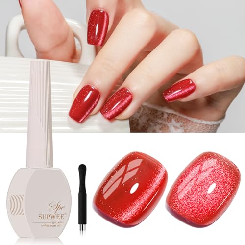 Red Cat Eye Gel Nail Polish, 15ML Magnetic Crystal Holographic Cateye Gel Polish Glitter Shimmer Reflective Nail Polish with Magnet Soak Off Salon DIY at Home