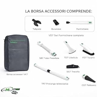 AMG Shop Online Aspirapolvere Senza Fili Folletto VK7s ULTIMA GENERAZIONE con 1 Batteria + 1 Caricatore + 6 Sacchetti con Dovina ORIGINALI + Borsa Accessori con Vari Tubi - Microfiltro 99,99%
