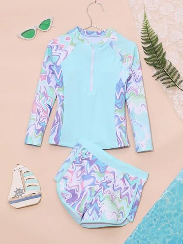 Kids Girls Floral 2 Pcs Rash Guard Sets Zip Neck Swim Shirts with Shorts Swimsuits3