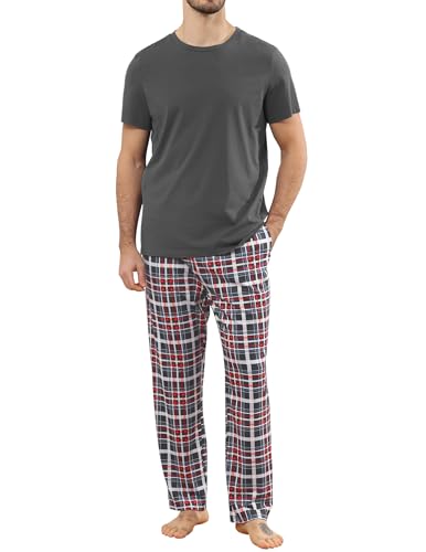 Image of TeJoyce Mens Pyjamas Set Cotton Short Sleeve and Plaid Long Pants 2 Piece PJ Set Soft Comfy Loungewear Nightwear Set with Pockets Dark Gray
