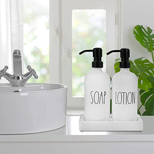 Luxury Glass Soap and Lotion Dispenser Set with Tray by Brighter Barns - Hand Soap Dispenser Bathroom Set & Stainless Steel Pump for Home, Restaurant - Farmhouse Bathroom Decor & Accessories (White)
