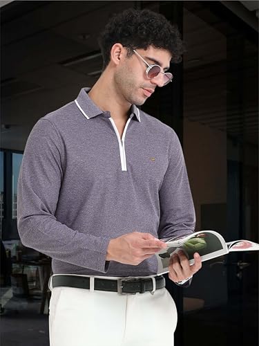 Image of STELLERS Men's Melange Full Sleeve Zipper Polo T-Shirt | Feather Soft Fabric | Breathable | Regular Fit | Quick Dry | Wrinkle Free | Tipping Design