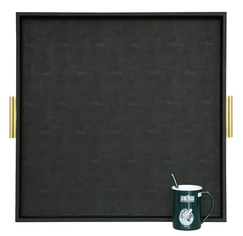 Image of HofferRuffer Extra Large Square Serving Tray, Elegant Faux Leather Ottoman Tray with Gold Hardware Handles, Serve Tea, Coffee or Breakfast in Bed, 24 x 24 inches (Black Shagreen)