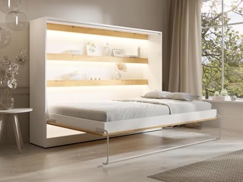 Vente-unique-Cama abatible 140 x 200 cm - Apertura Horizontal Manual - con Leds - Blanco y Natural - RAPILI
