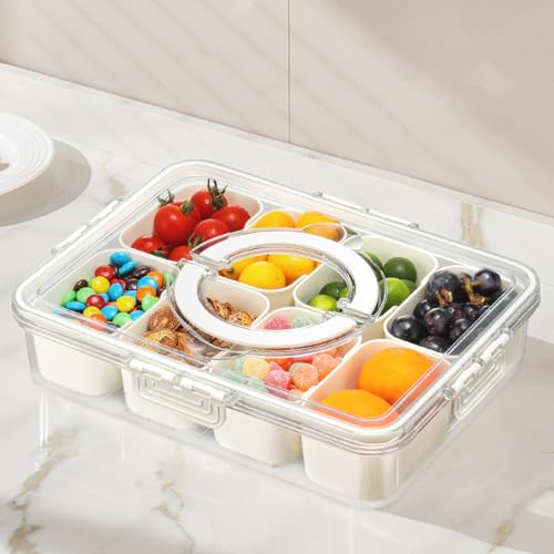 Recipiente para lanche com tampa e alça – Bandeja de servir dividida com 8 compartimentos, organizad