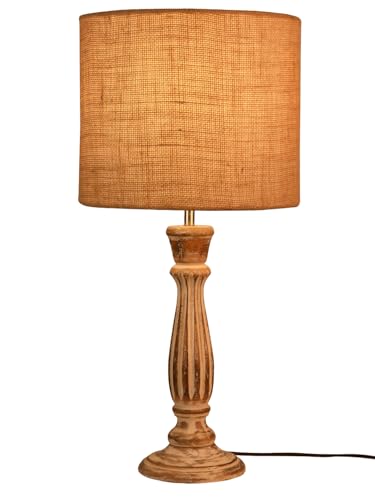 Image of Green Girgit Athens Wooden Lamp in Distress White Color with Jute Brown Shade, Farmhouse Table Lamp with Burlap Shade, Distressed White Base, Vintage Style (LED Bulb Included)