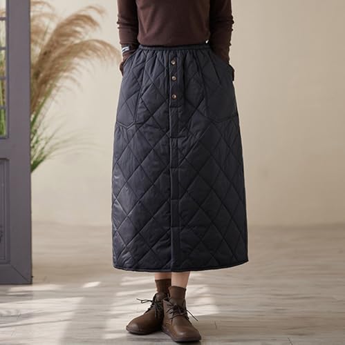Womens Winter Warm Elastic Waist Padded Quilted Midi Long Puffer Insulated Skirt Front Button Skirts with Pocket2