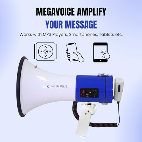 Technical Pro Portable 75-Watt Megaphone Bullhorn Speaker w/Detachable Microphone w/Rechargeable Battery, a Built-in AC Wall Charger, Good for Trainers, Soccer, Coaches, Cheer Leaders