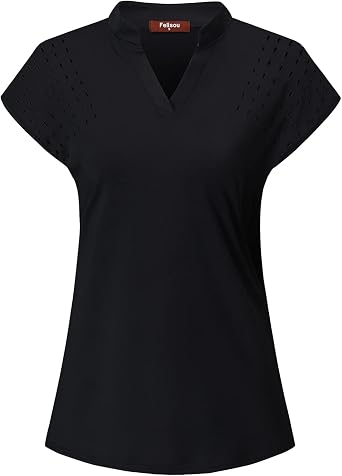 Felisou Hiking Shirts Women Moisture Wicking, Polo Shirts for Woman Short Sleeve Athletic Lady Golf Tops for Tennis Womens Sport Workout TopsTennis Running Golf Clothes Black XXL