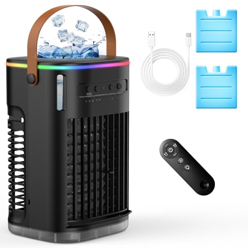 Portable Air Conditioners, Quiet Cooling Fan w/Remote, Water Tank & 3 Speeds, 5-IN-1 Portable AC Unit, 2 Mists, 1-7H Timer, Evaporative Air Cooler for Room Bedroom Office, Black-NonBattery