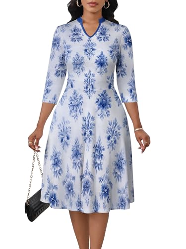 Image of PinkPatty Women's Casual A-line Midi Dresses 3 /4 Sleeve V Neck Fit and Flare Dress with Pockets