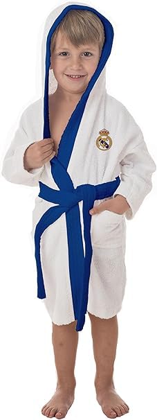 DONATELLA Albornoz del Real Madrid con Escudo Bordado y Capucha - 100% algodón con Acabado de Rizo. Muy Suave, cómodo y Absorbente. Producto con Licencia Oficial. Talla NIÑO 6/8.