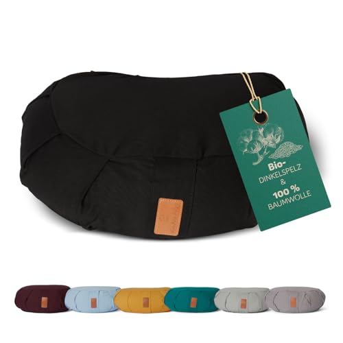#DoYourYoga Zafu Halbmondkissen Ganesh mit Bio-Dinkelspelz (KBA) waschbarer Bezug | 45 x 30 x 14 cm | Meditations- Sitz- Rondokissen für Yin Yoga | schwarz