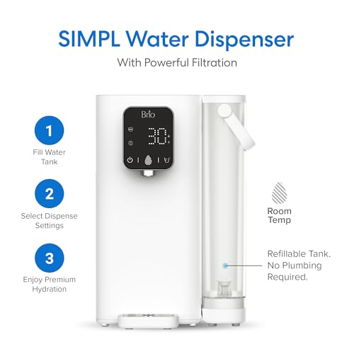Image of Brio SIMPL W2 Countertop Water Dispenser w /Refillable 2.5L Water Tank, 2-in-1 Sediment & Carbon Filter Included, Room Temp., LED Display w /Touch Buttons, No Plumbing Necessary, White