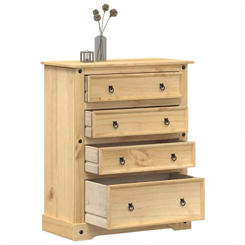 Sinkzol Cómoda Corona de madera maciza de pino con acabado de cera miel, 92 x 48 x 114 cm, 4 cajones, tiradores de metal, espacio de almacenamiento para salón, dormitorio y pasillo