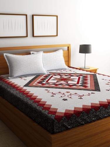 Image of Home Sizzler 210TC Glace Cotton Ethnic Geometric Maroon Double Bedsheet with 2 King Size Pillow Cover