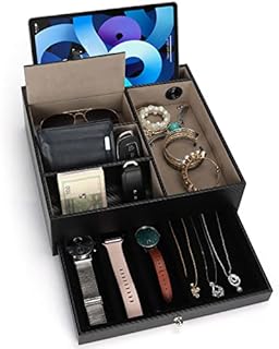 Belle Vous Black Faux Leather 5 Compartment Valet Dresser/Nightstand Organiser Tray - Desk Storage Box For Wallet, Phone, Keys, Jewellery, Men's Accessories, Money, Cufflinks- Catchall Box for Bedside