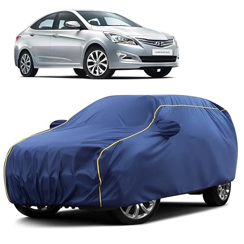 Image of Sulfar 100% Water Resistant Car Body Cover Compatible with Mirror for Hyundai Fluidic Verna (Triple Stitched, Full Bottom Elastic, Blue Taffeta with Yellow Piping)