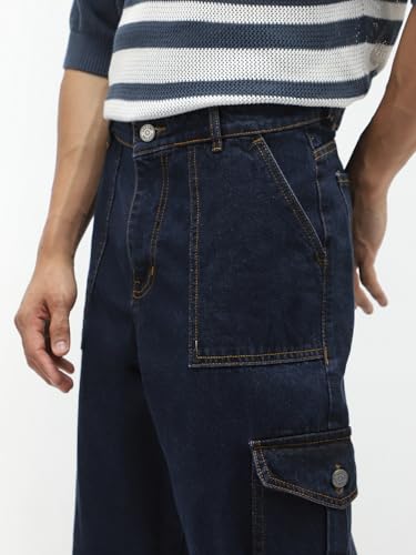 Image of Urbano Fashion Men's Loose Mid Rise Baggy Fit Cargo Jeans with 6 Pockets Non-Stretchable