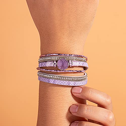 Fancy Shiny Boho Wrap Bracelets Leather Cuff Bracelet Bohemian Jewelry Resin Stone Multi Strand Bracelet With Clasp For Women(Purple) #TOP1
