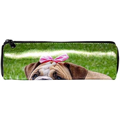 EZIOLY British Bulldog Knot Playing Colorful Balls Leather Barrel Pen Pencil Case Coin Purse Pouch Cosmetic Makeup Bag for Student Stationery School Work Office Storage Cover