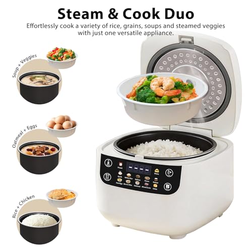Image of Portable Digital Rice Cooker, 6-Cup (Uncooked) /12-Cup (Cooked) Small Rice Maker with Steaming Basket, Mini Rice Cooker with 2L Removable Nonstick Inner Pot, 10 Menu Options, Auto Keep Warm, 24 Hour Delay Timer, White