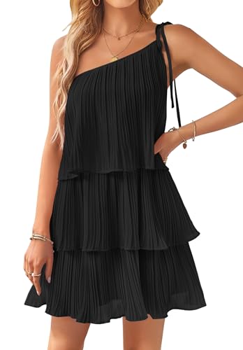 Image of ZESICA Women's Boho Summer One Shoulder Sleeveless Ruffle Tiered Layered Chiffon Pleated A Line Flowy Mini Dress