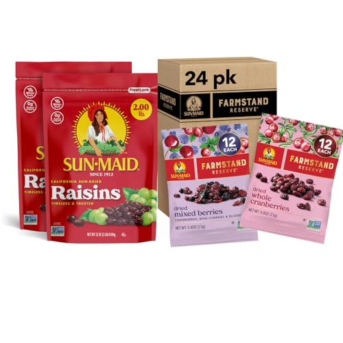 Image of Sun-Maid Bundle California Sun-Dried Raisins (2 Pack) 32 oz Resealable Bag + Farmstand Reserve (24 Count Variety Pack) 0.8 oz Snack Bag, Whole Cranberries and Mixed Berries