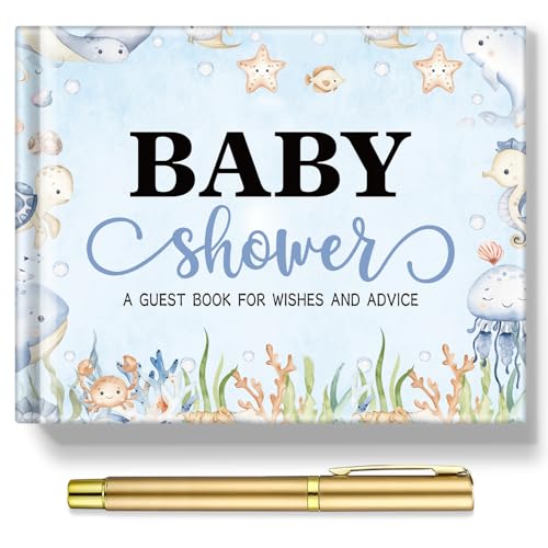 Image of Fuyoooo 27 Pcs Ocean Baby Shower Guest Book Set Baby Shower Sign in Guest Sea You Soon Under The Sea Book Place Table Cards with Gold Pen Adhesive Photo Corner for Birthday Party