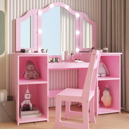 Kids Vanity with Lights, Princess Makeup Vanity Desk with Storage Cabinet & Touch Light Detachable Tri-Folding Mirror, 2 In 1 Toddler Vanity Table & Chair Set Wooden Girls Vanity Dress Table for Girls