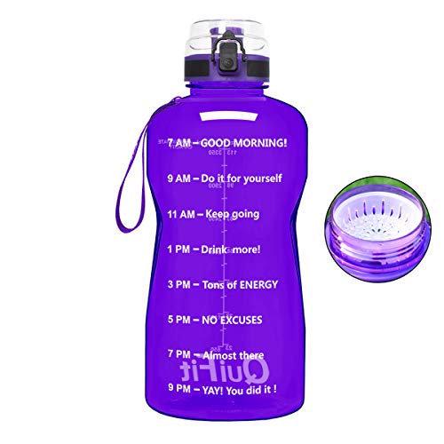 QuiFit Half Gallon Water Bottle - with Time Marker & Strainer Leak-proof Durable BPA Free Large Capacity Infuser Fruit Water Bottle for Fitness Outdoor Enthusiasts(purple,64 oz)