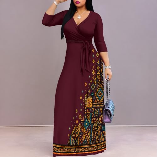 Image of Plus Size Maxi Dress for Women V Neck 3 /4 Sleeve Wrap Dress Wine XL | Wine Floral Women's Maxi Dress