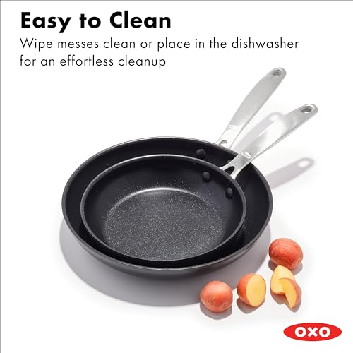 OXO Good Grips Pro, 8" and 10" Frying Pan Skillet Set, 3-Layered German Engineered Nonstick Coating, Stainless Steel Handle, Dishwasher Safe, Oven Safe, Black
