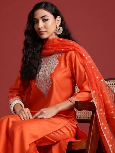 Image of INDO ERA Women's Liva Red Paisley Embroidered Sequinned Straight Kurta & Pant with Dupatta Set