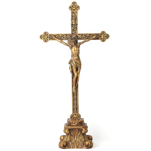BC Catholic Standing Crucifix for Altar Tabletop Crucifix Cross Inspirational Home Decor Catholic Wedding Gift Devout Gifts Made of Resin Vintage Gold Color Finish 14.75 H Hand Painted by Buildclassic